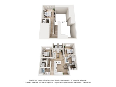 A 3D floor plan of a house with two bedrooms and a living room.